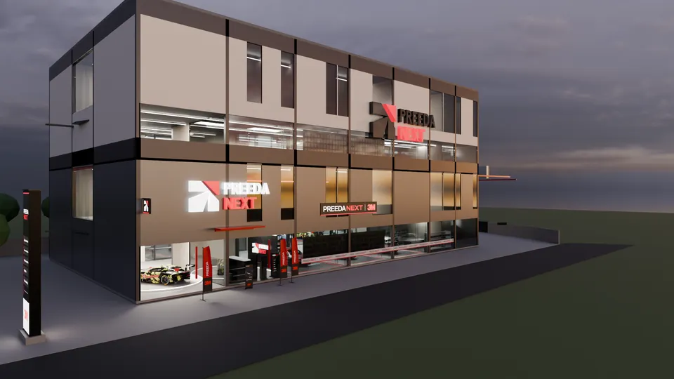 อาคาร PREEDA NEXT Experience Center ยามค่ำ ไฟในทุกชั้นเปิดอยู่