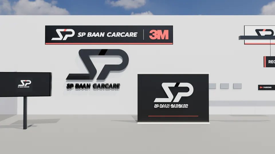 ป้ายร้าน SP Ban Carcare: ตัวอักษรบนผนัง ป้ายกล่องไฟ และป้ายตั้งพื้น