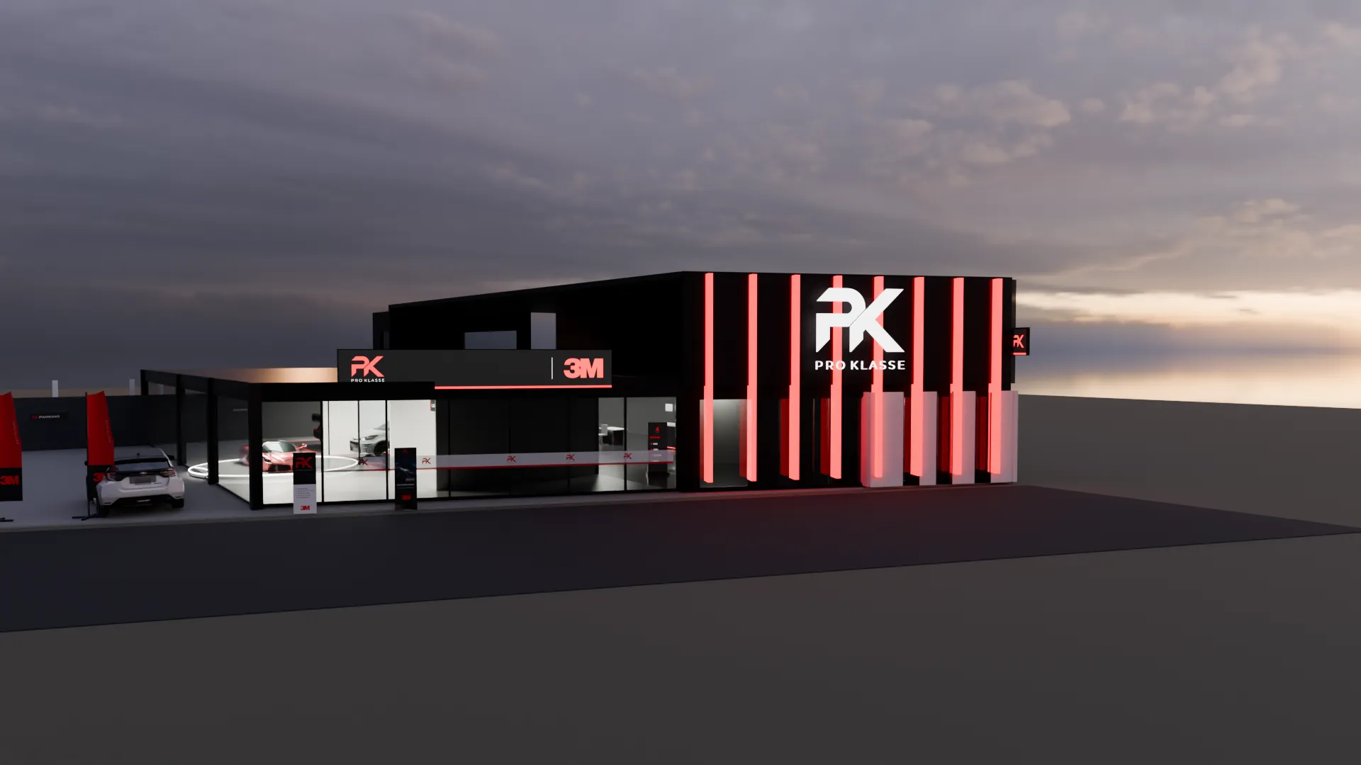 ภาพจำลองหน้าร้าน PK Pro Klasse ยามเย็น ผนังดำพร้อมแถบไฟแดงแนวตั้ง